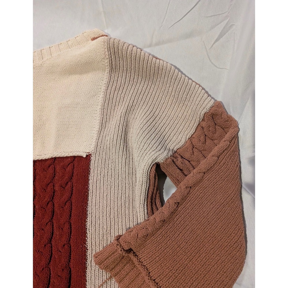 Pol Patchwork Knit Sweater V Neck Cable Knit Colo… - image 7